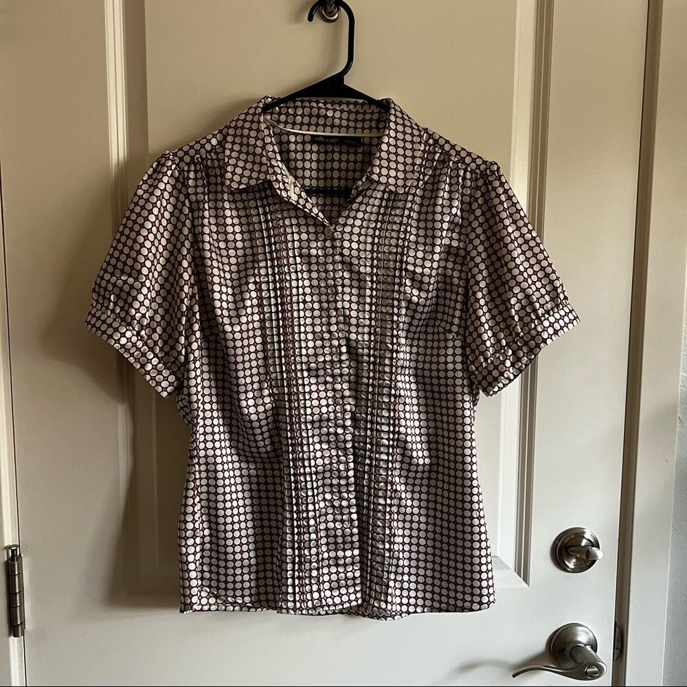 Orange, white, and blue patterned vintage blouse with puffed sleeves